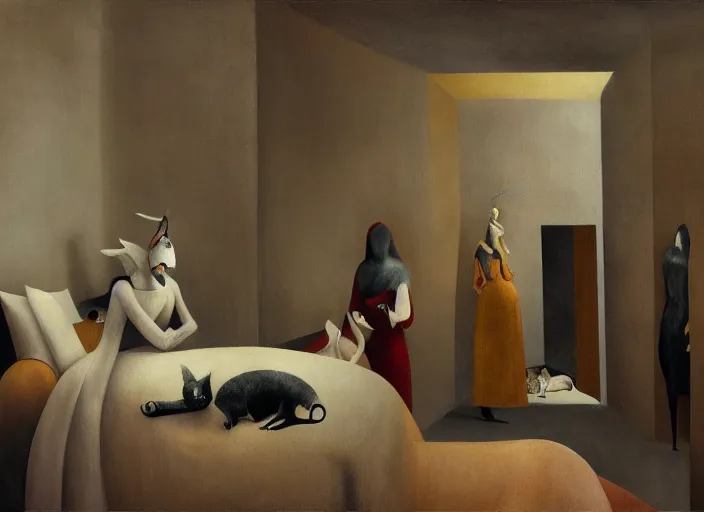 Image similar to group of creatures with distinct personalities, in an urban hotel room, several mirrors : : surreal architecture, chiaroscuro lighting, mysterious atmosphere : : oil painting by leonora carrington, hieronymus bosch and edward hopper, ultra - detailed technical precision : : matte painting, high definition, octane render, unreal engine, 8 k