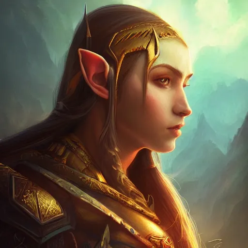 Image similar to Fantasy regal high elf portrait, atmospheric lighting, painted, intricate, volumetric lighting, beautiful, rich deep colors masterpiece, golden hour, sharp focus, ultra detailed, by Leesha Hannigan, Ross Tran, Thierry Doizon, Kai Carpenter, Ignacio Fernández Ríos