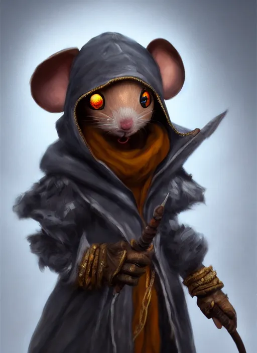 Image similar to full body concept, very fine art oil painting of a cute and sneaky D&D style anthropomorphic mouse hooded thief with a very beautiful face wearing full intricate clothing, ultra detailed, octane render, 4K, dystopian, micro details