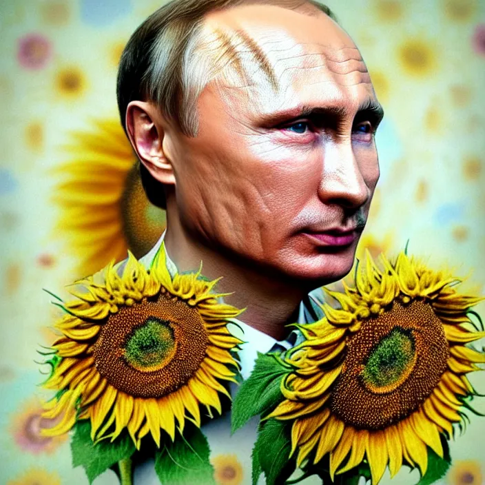 Image similar to photo portrait of Vladimir Putin - sunflowers - dressed in leisure shirt with ornamental ethereal sunflower pattern, natural skin tone, highly detailed realistic flowers ornament on the shirt, war in the background, hair, eyebrows and wrinkles are intricate with highly detailed realistic flowers, elegant, Realistic, Refined, Highly Detailed, natural soft pastel lighting colors scheme, fine art photography by Cecil Beaton, volumetric lighting, hyper realistic photography