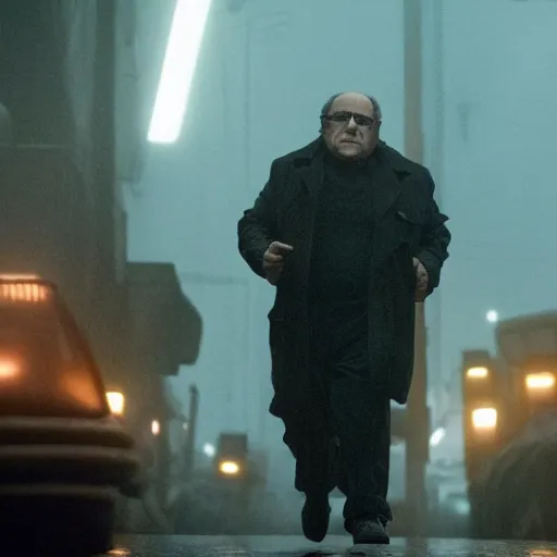 Prompt: A still of Danny Devito in Blade Runner: 2049