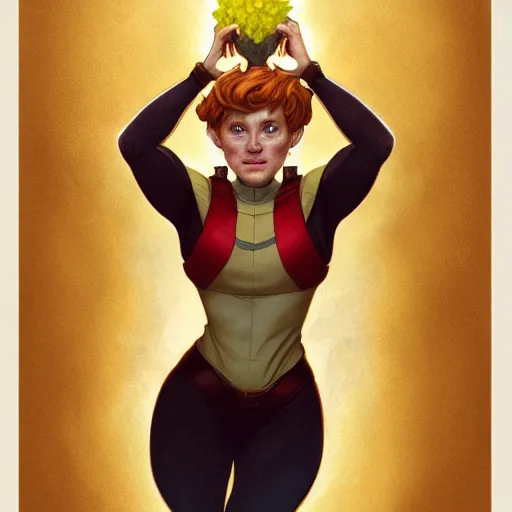 Prompt: Full-Body Portrait of Squirrel Girl, Marvel, fantasy, tail, symmetrical face, freckles, intricate, cute, elegant, highly detailed, nature, yellow mist, digital painting, artstation, concept art, matte, sharp focus, illustration, art by Artgerm and Greg Rutkowski and Alphonse Mucha