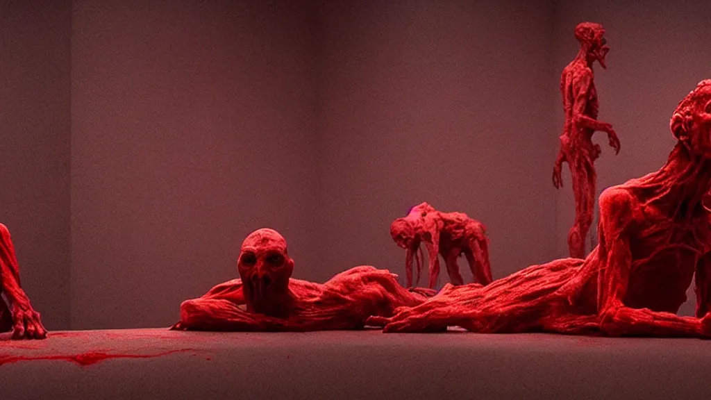 Prompt: the creature at the doctor's office, made of glowing wax and blood, they stare at me, film still from the movie directed by denis villeneuve and zdzisław beksinski with art direction by salvador dali, wide lens