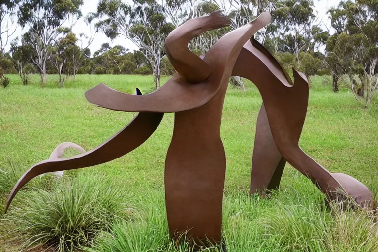 Image similar to “dramatic award-winning sculpture in an Australian wetlands, sculpture garden”