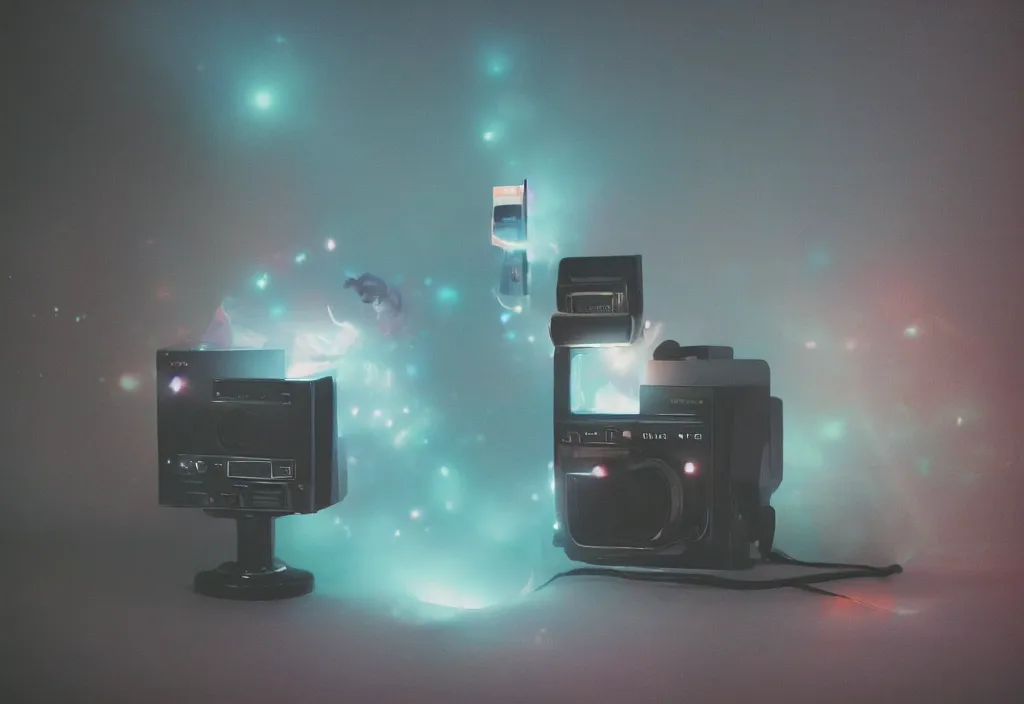 Prompt: dragon popping out of tv, volumetric lighting, bedroom, visor, users, pair of keycards on table, bokeh, creterion collection, shot on 7 0 mm, instax