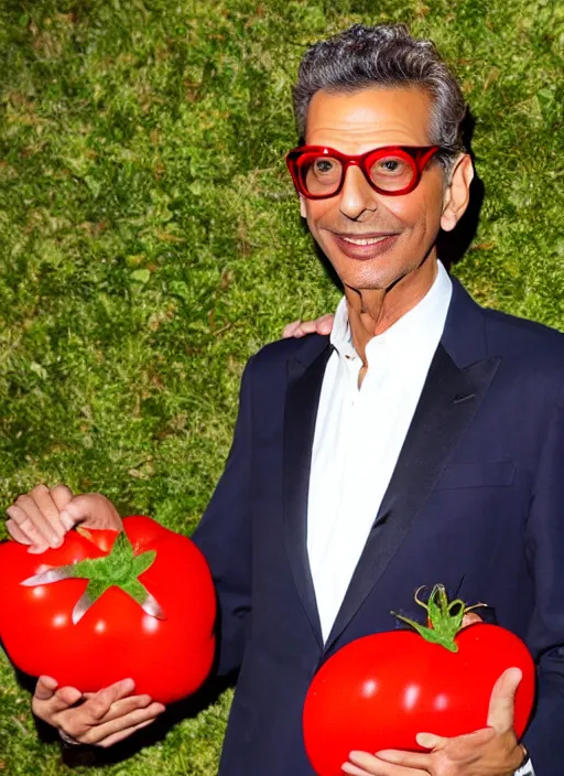 Image similar to jeff goldblum dressed up in a tomato costume