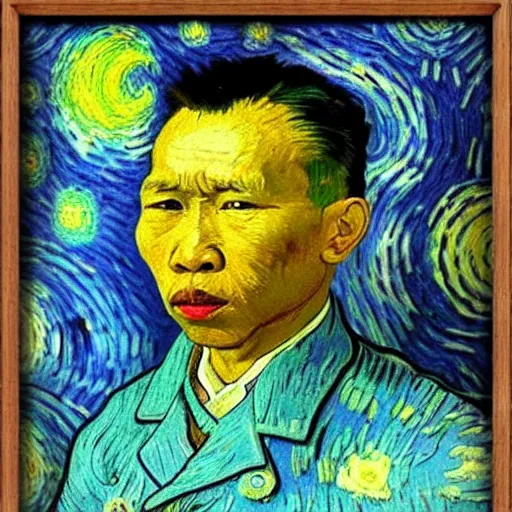 Image similar to pol pot in van gogh painting, 4 k, hyper realistic, dslr, high resolution, landscape, beautiful