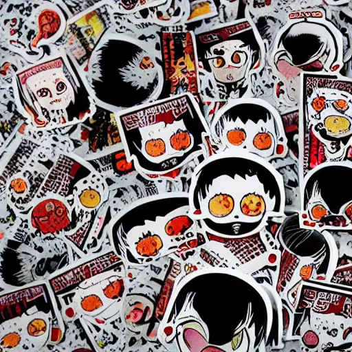 Prompt: horror manga stickers of tomii by junji ito