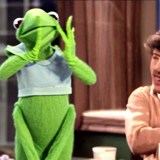 Prompt: screengrab of kermit as guest on seinfeld