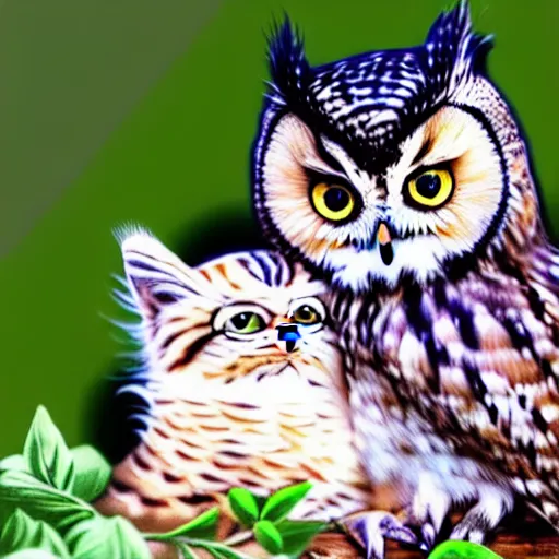 Prompt: owl cuddling small kitten, high quality photo