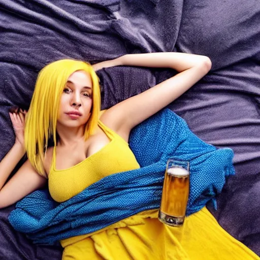 Prompt: hot tired girl yellow hair laying on bed blue blanket drinking bottle of beer relaxed seductive looking at you hand outstretched