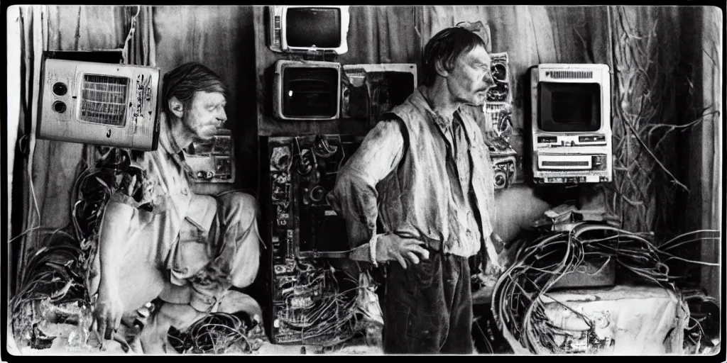 Prompt: detailed medium format photo, polaroid still from tarkovsky movie, a human trash panda character, holding a box of cables and standing next to old electronic equiptment, haze, high production value, intricate details, 8 k resolution, hyperrealistic, hdr, photorealistic, high definition, technicolor, award - winning photography, masterpiece, black and white