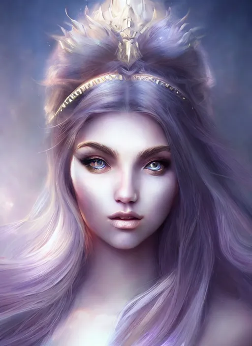 Prompt: face portrait of a moon princess with shimmering hair and eyes, digital illustration, trending on artstation, deviantart, artgerm, epic composition, masterpiece, highly detailed, perfect face, realistic face, wlop, ross draws