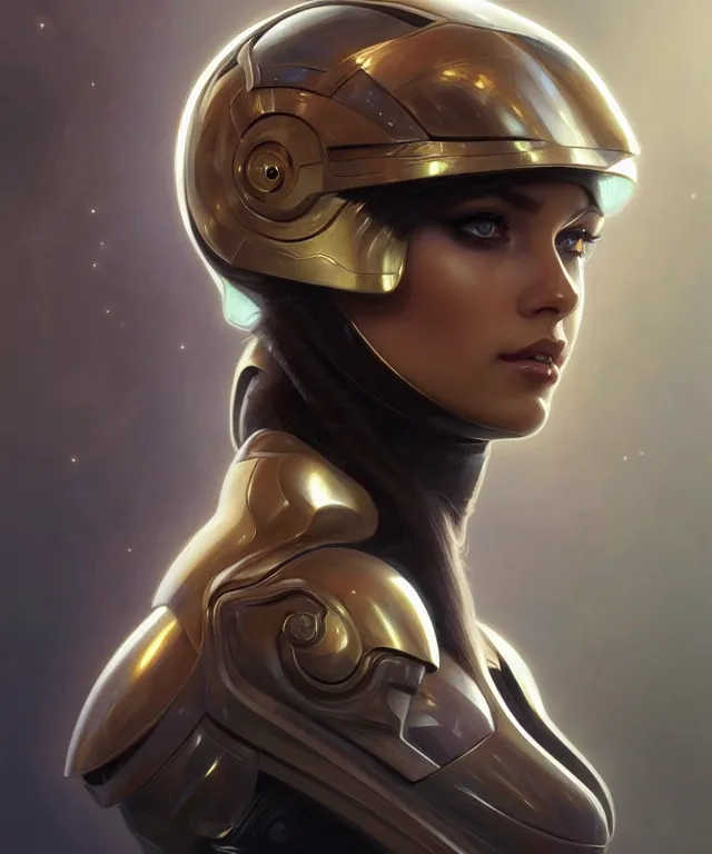 Image similar to futuristic woman in helmet portrait, sci-fi, amber eyes, face, long hair, fantasy, intricate, elegant, highly detailed, digital painting, artstation, concept art, smooth, sharp focus, illustration, art by artgerm and greg rutkowski and alphonse mucha