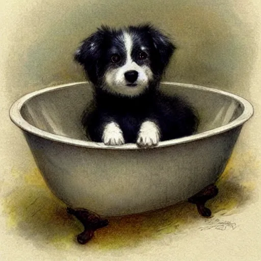 Image similar to ( ( ( ( ( cute dog inside a bathtub. muted colors. ) ) ) ) ) by jean - baptiste monge!!!!!!!!!!!!!!!!!!!!!!!!!!!