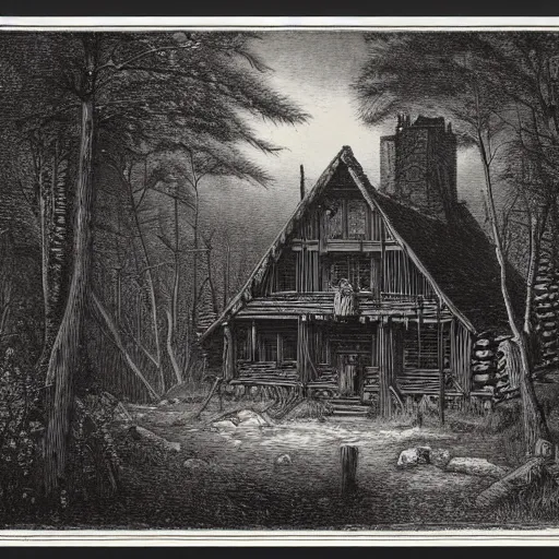 Prompt: an engraving of a log cabin surrounded by a sinister forest by gustave dore