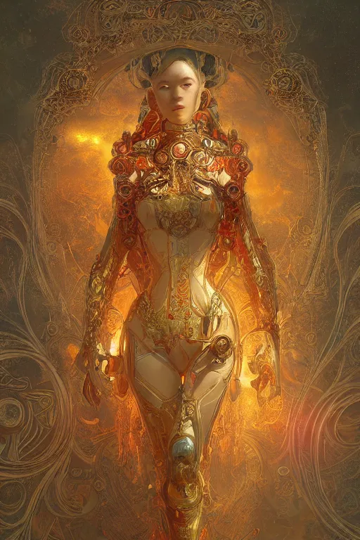 Image similar to tarot card artstation, portrait of a robot love dancer, sunrise, baroque ornament and rococo ornament, ancient chinese ornate, hyperdetailed, beautiful lighting, craig mullins, mucha, klimt, yoshitaka amano, red and gold and orange color palette