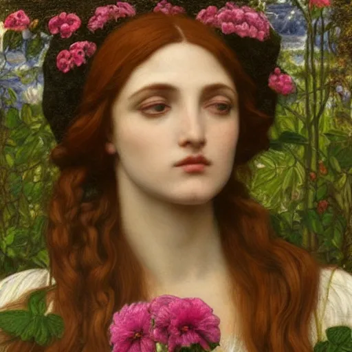 Prompt: Beautiful Pre-Raphaelite goddess of nature holding a little bird, in the style of John William Godward and Dante Gabriel Rossetti, close-up portrait, head in focus, flowers and plants, etheric, moody, intricate, mystical,