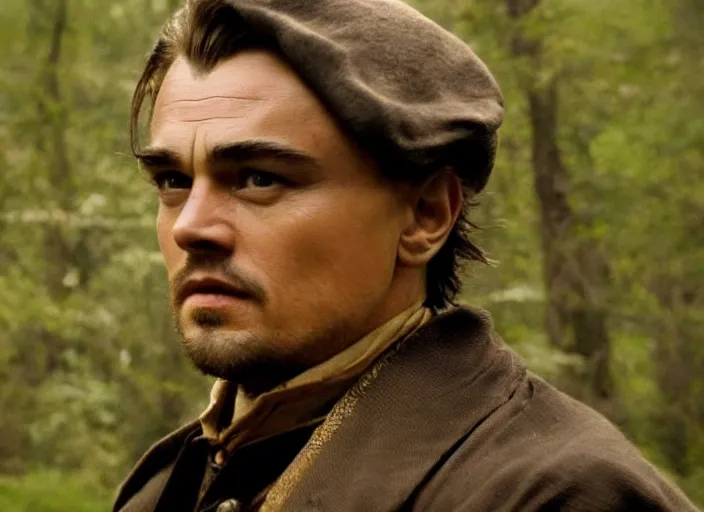 Prompt: an action scene from the movie gangs of new york, filmed in a dark forest, medium long shot, leonardo dicaprio and daniel day - lewis, sharp eyes, serious expressions, detailed and symmetric faces, black and white, cinematic, epic,