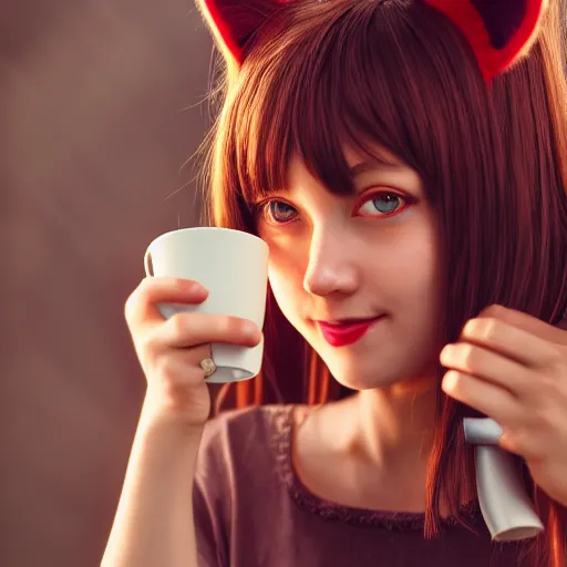 Prompt: a portrait of a girl with cat ear drinking coffee , fantasy, anime , madhouse production, HDR, natural light, shoulder level shot, dynamic pose, award winning photograph, Mucha style 4k,