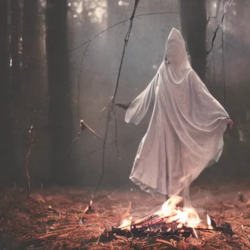 Prompt: a film still of witch women wearing layered linen cloaks floating in the air around a bonfire in a forest, smokey, low key, film grain, horror, spiderwebs,
