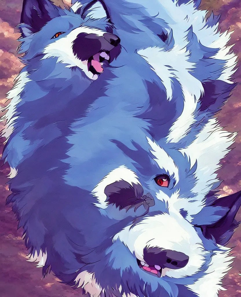 Prompt: beautiful painting from the anime film by studio ghibli, a blue anthropomorphic wolf creature petting a tiny border collie , trending on artstation