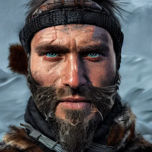 Image similar to A comic book style portrait painting of a male survivalist warrior in a a post apocalyptic winter landscape, unreal 5, DAZ, hyperrealistic, octane render, RPG portrait, ambient light, dynamic lighting