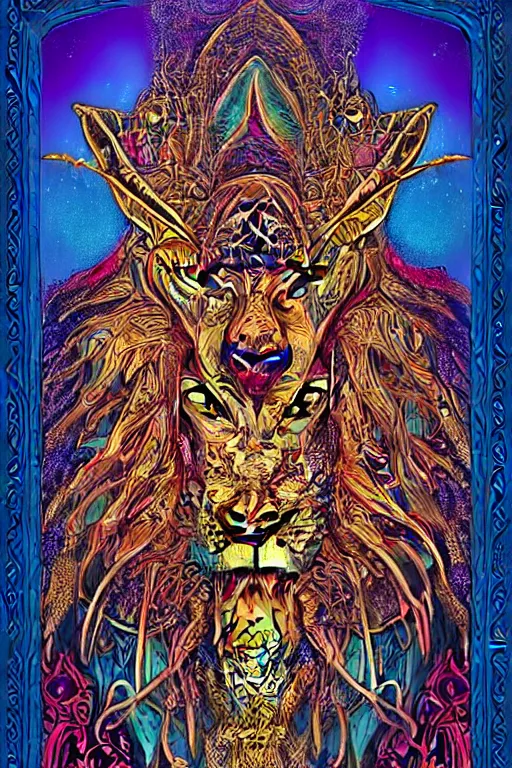 Image similar to beautiful and colorful fractal tarot card featuring an ornate, realistic, and regal viking lion by Dan Mumford, by Jim Fitzpatrick, by joe wilson, featured on deviant art, trending on artstation