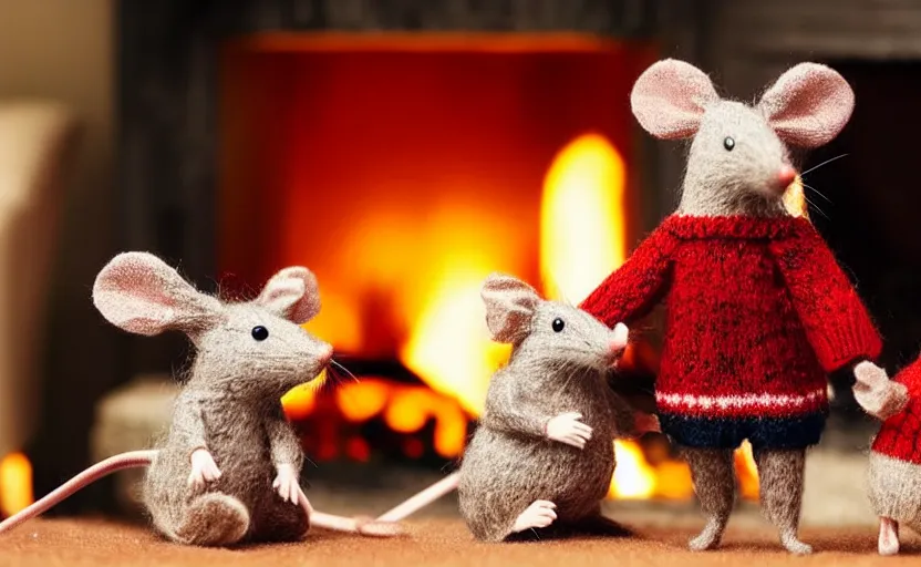Prompt: close - up of a mouse family sitting in front of a cozy christmas fireplace wearing woolen sweater, cinematic lighting, dark atmosphere