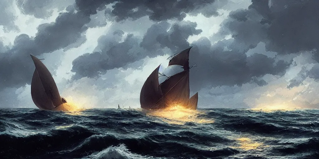 Prompt: A sailing boat struggles through stormy seas, an intense storm blacks out the sky, lit by lightning, Greg Rutkowski and Studio Ghibli