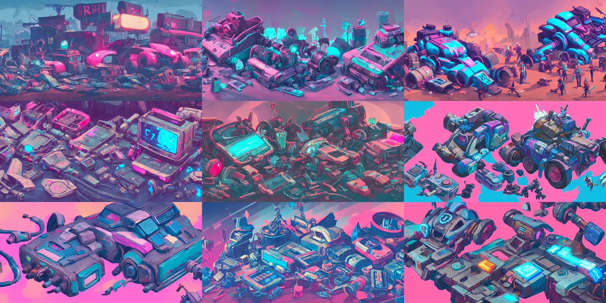 Prompt: game asset of broken electronic devices and junkyard, in gouache detailed paintings, props, stylized, 2 d sprites, kitbash, arcane, overwatch, blue and pink color scheme, 8 k, close up