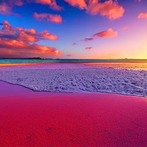 Image similar to purple refrigerator, red sand beach, green ocean, nebula sunset