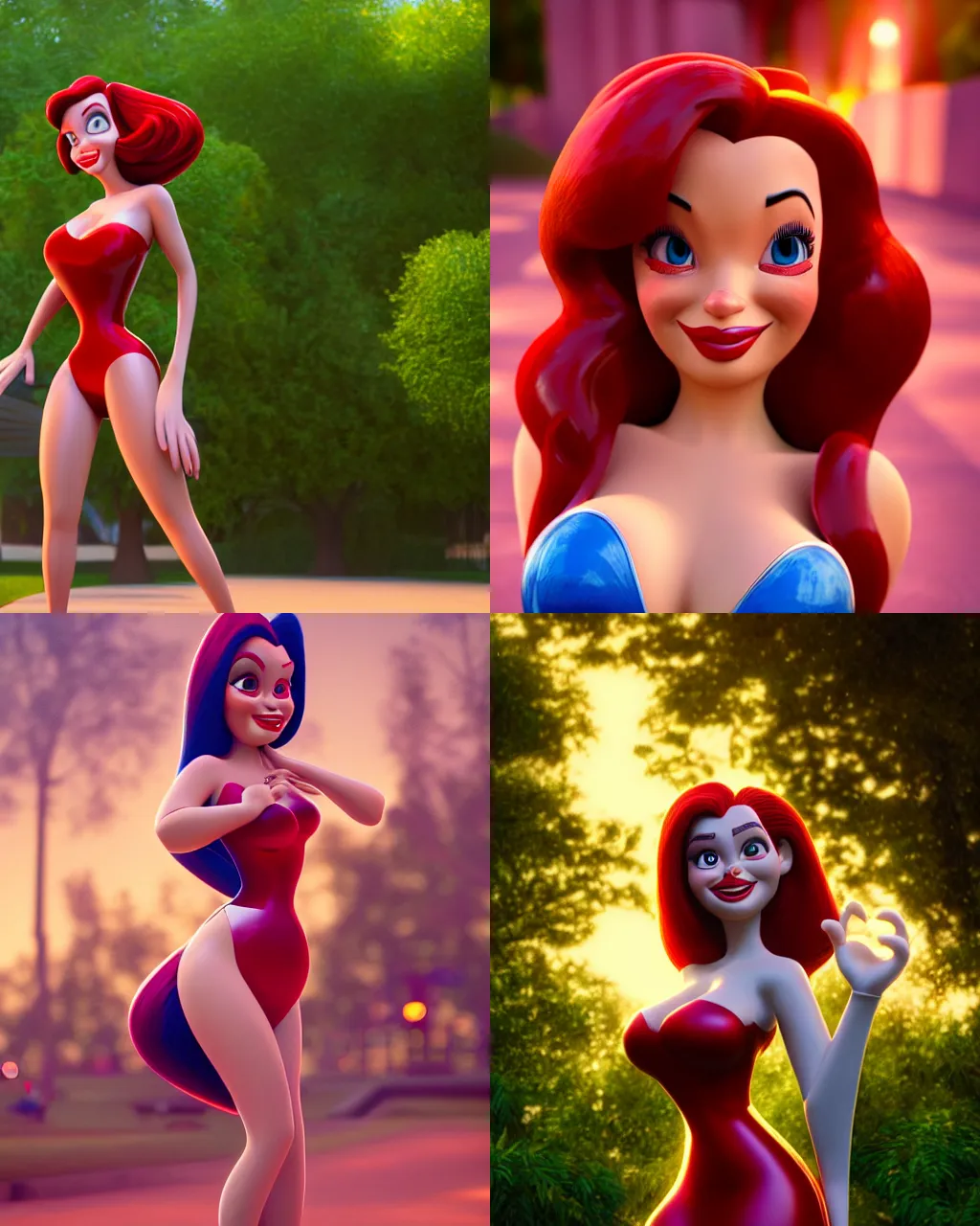 Prompt: ultradetailed octane 3 d render of jessica rabbit, in a park, 8 k, soft lighting, pixar, reflections, intricate, beautiful, centered, reflections, sharp focus, artgerm, loish