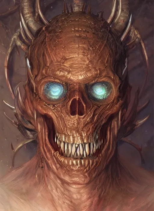 Image similar to realistic scifi monster in hell, closeup portrait art by donato giancola and greg rutkowski, realistic face, digital art, trending on artstation, skull helmet, symmetry!!!