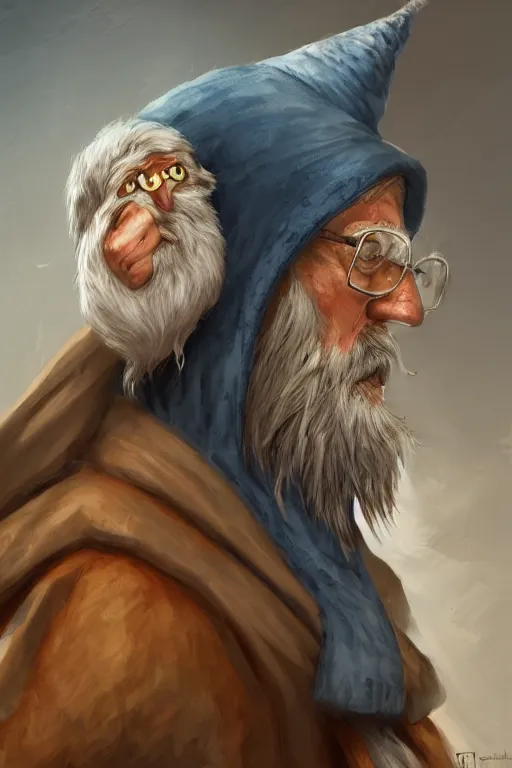 Image similar to a kind old wizard with a long white beard looking a confused with a chicken perched on top of his hat, brown wizard hat, blue robe, realistic, detailed, trending on ArtStation, by Tony Sart