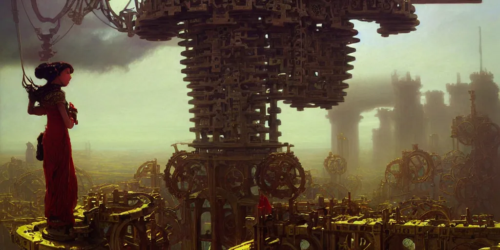 Image similar to giant interlocked gears cogs floating in the sky no people clockwork, giant mechanisms, industry, villages castles, buildings vista artstation illustration sharp focus sunlit vista painted by ruan jia raymond swanland lawrence alma tadema zdzislaw beksinski tom lovell alex malveda greg staples