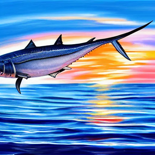 Image similar to detailed blue marlin jumping in front of sunset, dusk, calm seas, digital painting, smooth, sharp detail, 4 k ultra hd