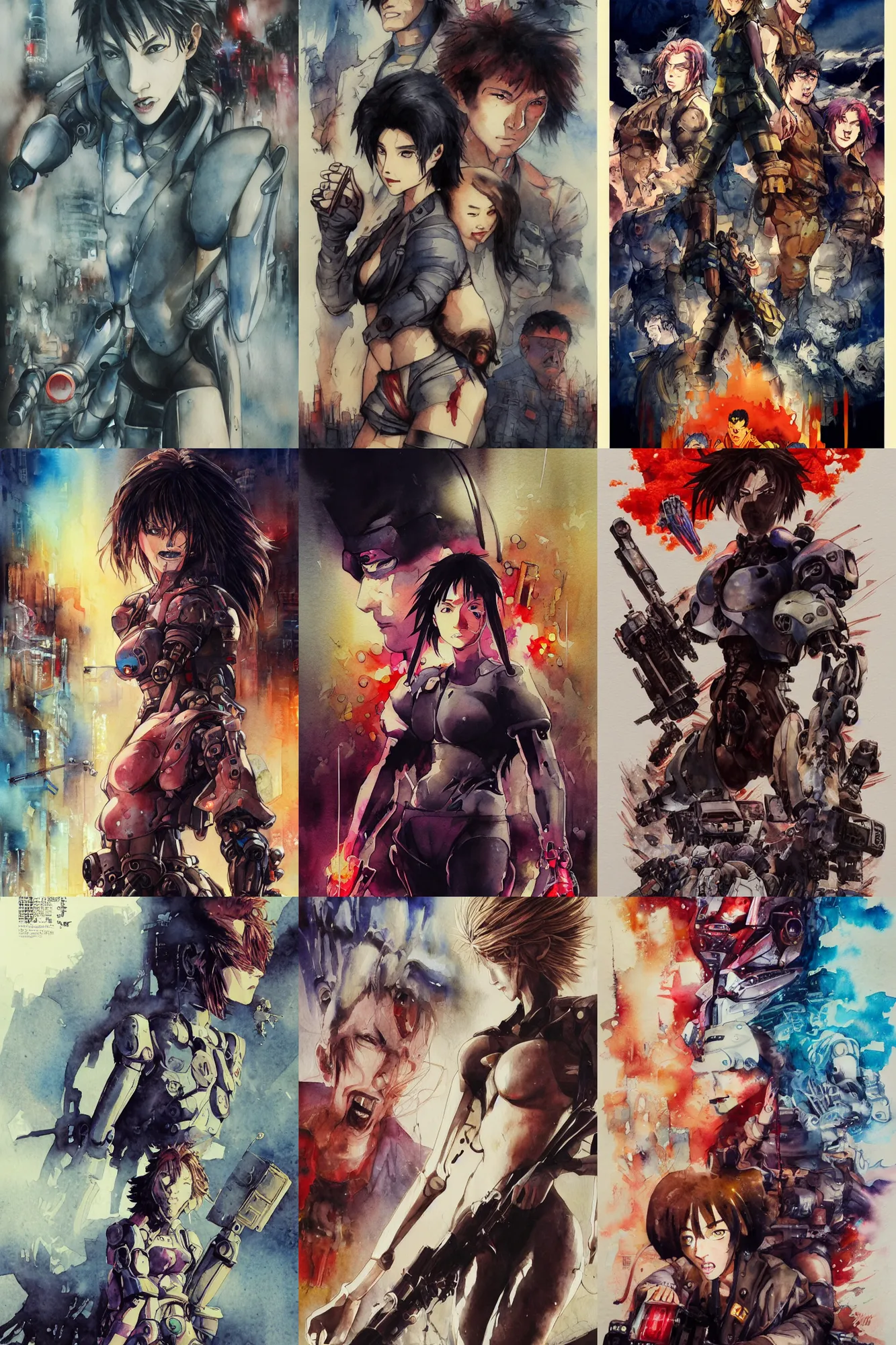 Prompt: incredible drew strewzan movie poster, painted ,masterful detailed watercolor, japan, anime face, yoji shinkawa, kastuhiro otomo, kaiju broken robot limbs claw at the the fog, foggy, light rain, sparks, movie scene close up emotional miss Kusanagi face, short bob hair, wet highway chase, brown mud, dust, robot arm, emotional face shot ,light rain, glowing japanese advertisements on buildings, hd, 4k, remaster, dynamic camera angle, deep 3 point perspective, fish eye, dynamic scene