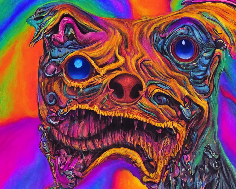 Prompt: A demonic dog with three eyes, roaring with an open mouth by Georgia O’Keeffe and Giger and Lisa Frank, vivid colors, trending on artstation, ornate, highly detailed, 8k, cinematic, rack focus