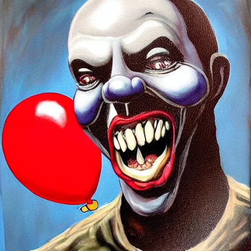 Image similar to grunge painting of kanye with a wide smile and a red balloon by chris leib, loony toons style, pennywise style, corpse bride style, horror theme, detailed, elegant, intricate