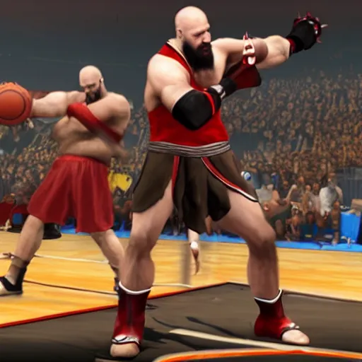 Prompt: kratos fighting in a basketball game