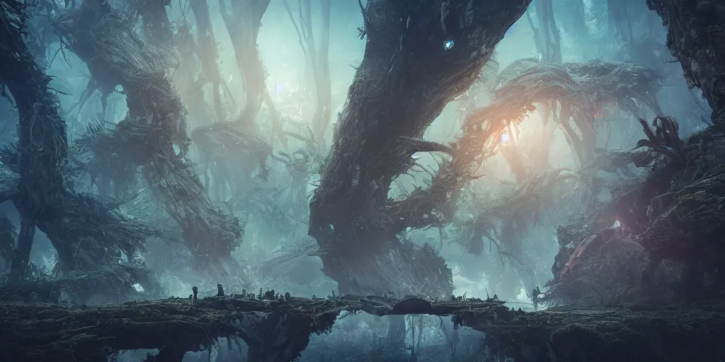 Image similar to future city covered by forest creature, floating, doom of the gods, civilization, monster, gravity mess, star trek, photograph, cinematic, photo realism, by joon ahn, yang qi, romain jouandeau, quy ho, karol bak, beeple, 4 k, unreal engine, vray render, artstation