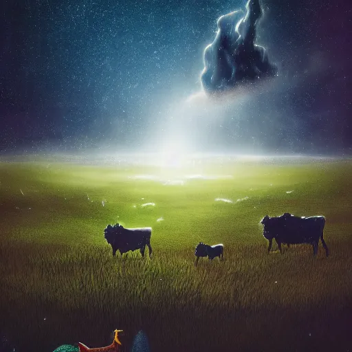 Prompt: a detailed picture in the style of harry potter of stars and a nebula shaped like a cow in a grassy field wearing a witch hat, cow wearing hat!!! viewed in profile and far away, fog in the background, ultrawide lens, aerial photography, black and blue color scheme with gold highlights, art in an absurdist style, artstation, 8 k