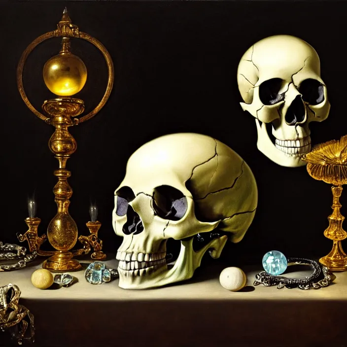 Image similar to still life painting of a skull with neon glowing crystal eyes, surrounded by various crystals, by pieter claesz, oil on canvas, strong lighting, highly detailed, hyper realism, golden hour, god rays, hd, 4 k