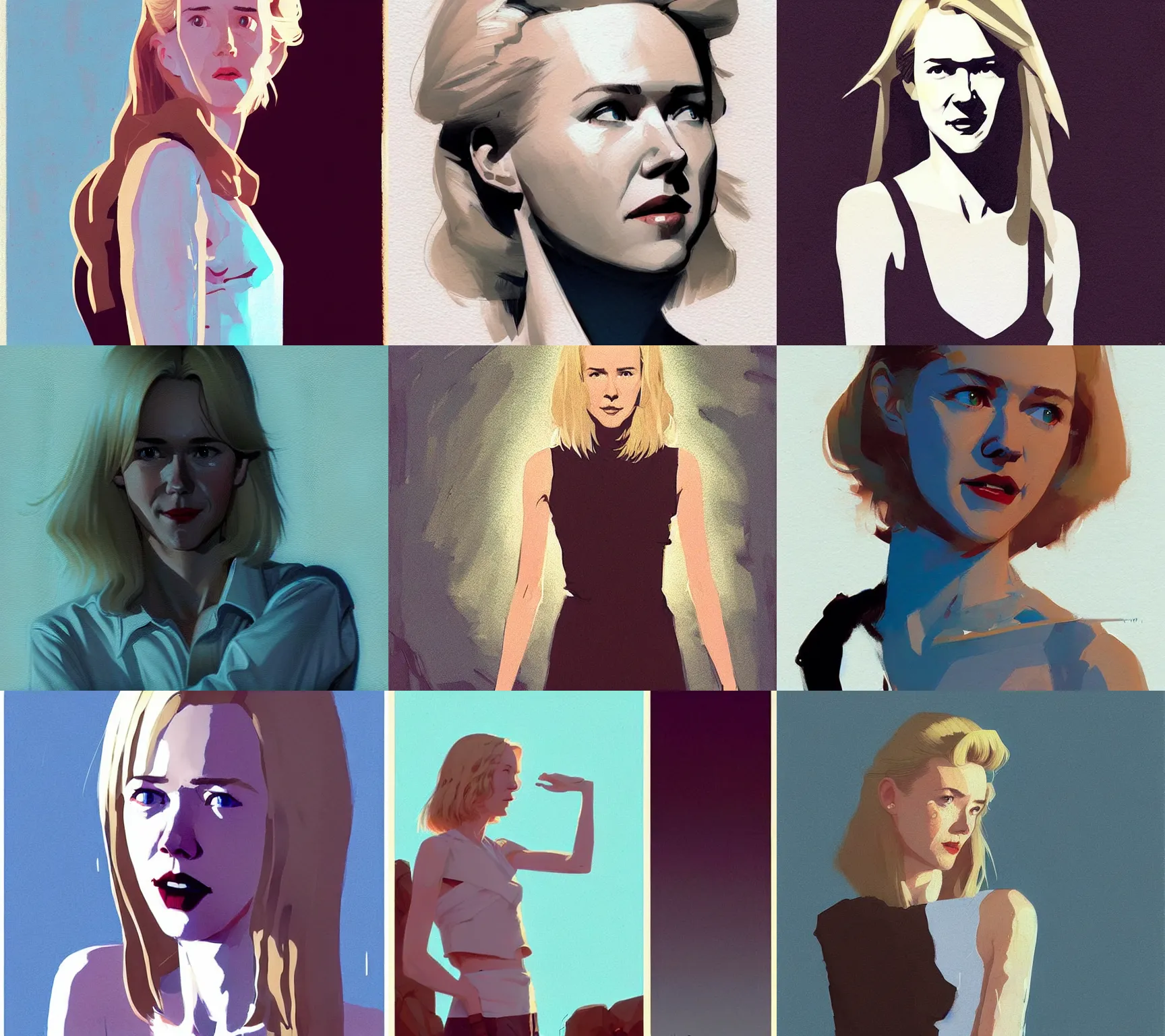 Prompt: young naomi watts in twin peaks ( 1 9 9 3 ), by atey ghailan, by greg rutkowski, by greg tocchini, by james gilleard, by joe fenton, by kaethe butcher, by ive freya, by ashley wood, dynamic lighting, gradient light blue, brown, blonde cream and white color scheme, grunge aesthetic