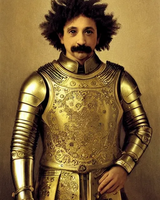 Image similar to brilliant knight : albert einstein is dressed in ornate, detailed, intricate golden armor and surrounded by detailed, complex mathematical equations, detailed oil painting by william adolphe bouguereau