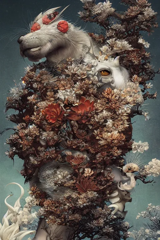 Image similar to a cover of japanese art magazine about animal creatures bio by illustrated by miyazaki by karol bak, james jean, tom bagshaw, rococo, sharp focus, trending on artstation, cinematic lighting, hyper realism, octane render, 8 k, hyper detailed, vivid, ultra detailed, highly detailed