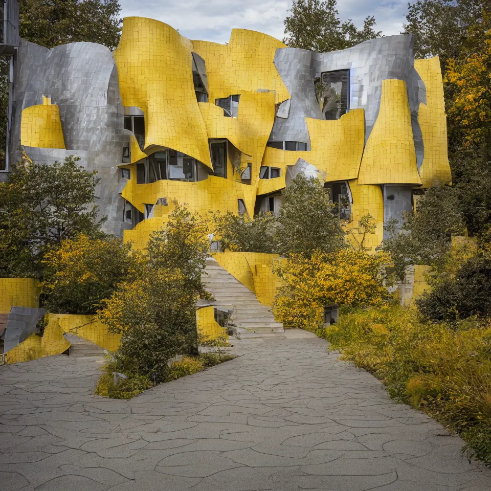 Prompt: a flat house, designed by Frank Gehry. Tiles. Gravel pathway with parking. Film grain, cinematic, yellow hue