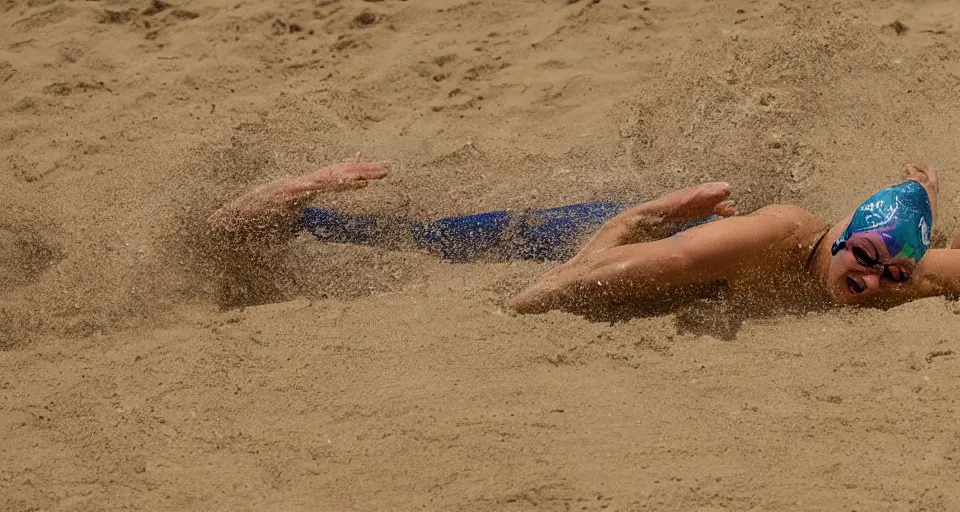 Image similar to olympic swimming in sand instead of water, extremely coherent, motion blur