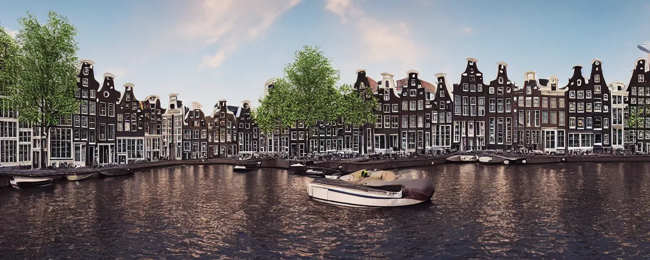 Prompt: view of houses in amsterdam, with water and boats, photography, 3 5 mm, hyper realistic, 8 k, unreal engine, illustration, happy lighting